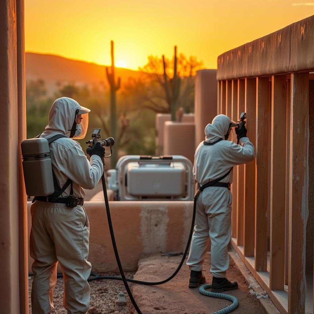 Spray foam insulation crew applying closed-cell foam to a Tucson adobe home at golden hour